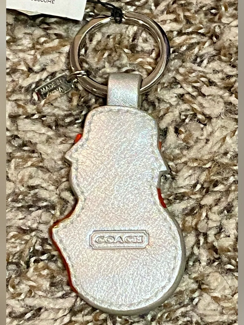 New Coach Silver Leather Snowman Keychain Signature C Hat Red Accents